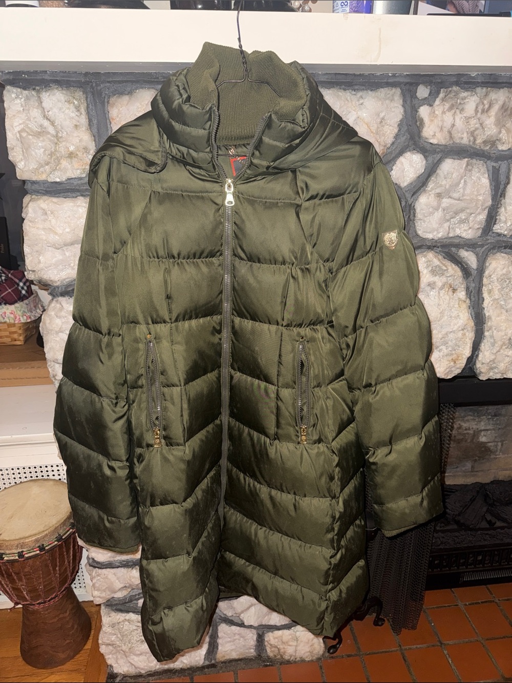 Vince Camuto Olive Green Long Puffer Coat XL Hooded Gold Hardware